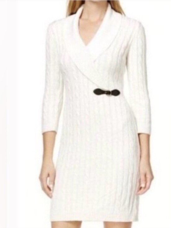 Calvin Klein Dresses & Skirts - Calvin Klein Size M Ivory Cable Knit Faux Wrap Leather Buckle Sweater Dress EUC